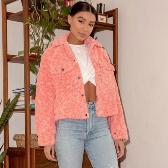 Free People Teddy Faux Fur Swing Cozy Jacket Melon Pink Coral sz XS - Picture 9 of 11